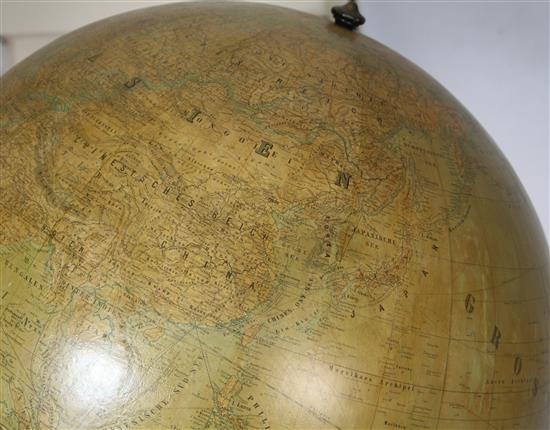 A huge late 19th century German terrestrial globe by Adolf Henze, diameter 42in. 72 in. (183 cm.) high